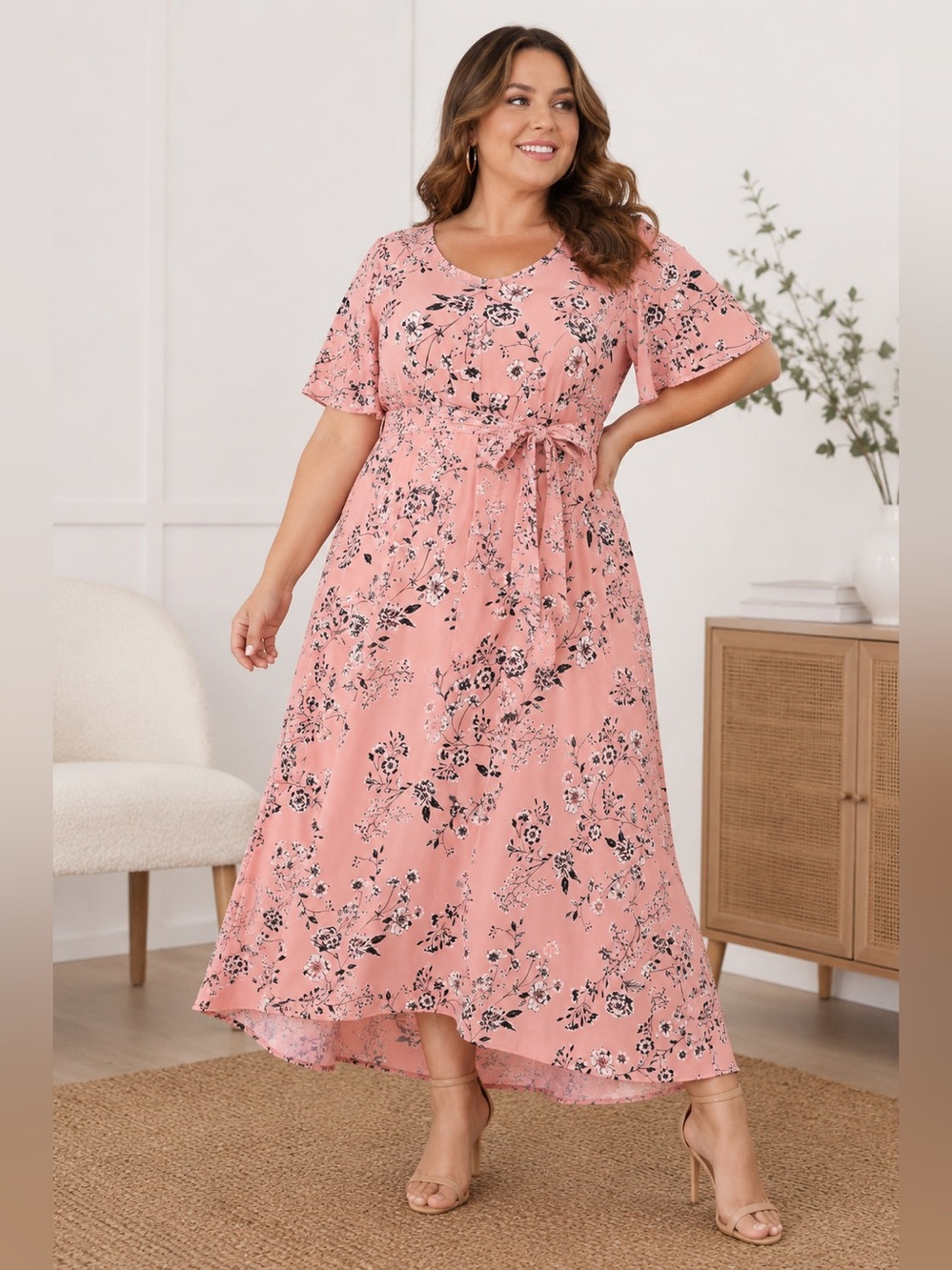Roaman's Plus Size Flutter Sleeve V-Neck Fit & Flare Bi-Stretch Maxi Dress 20W